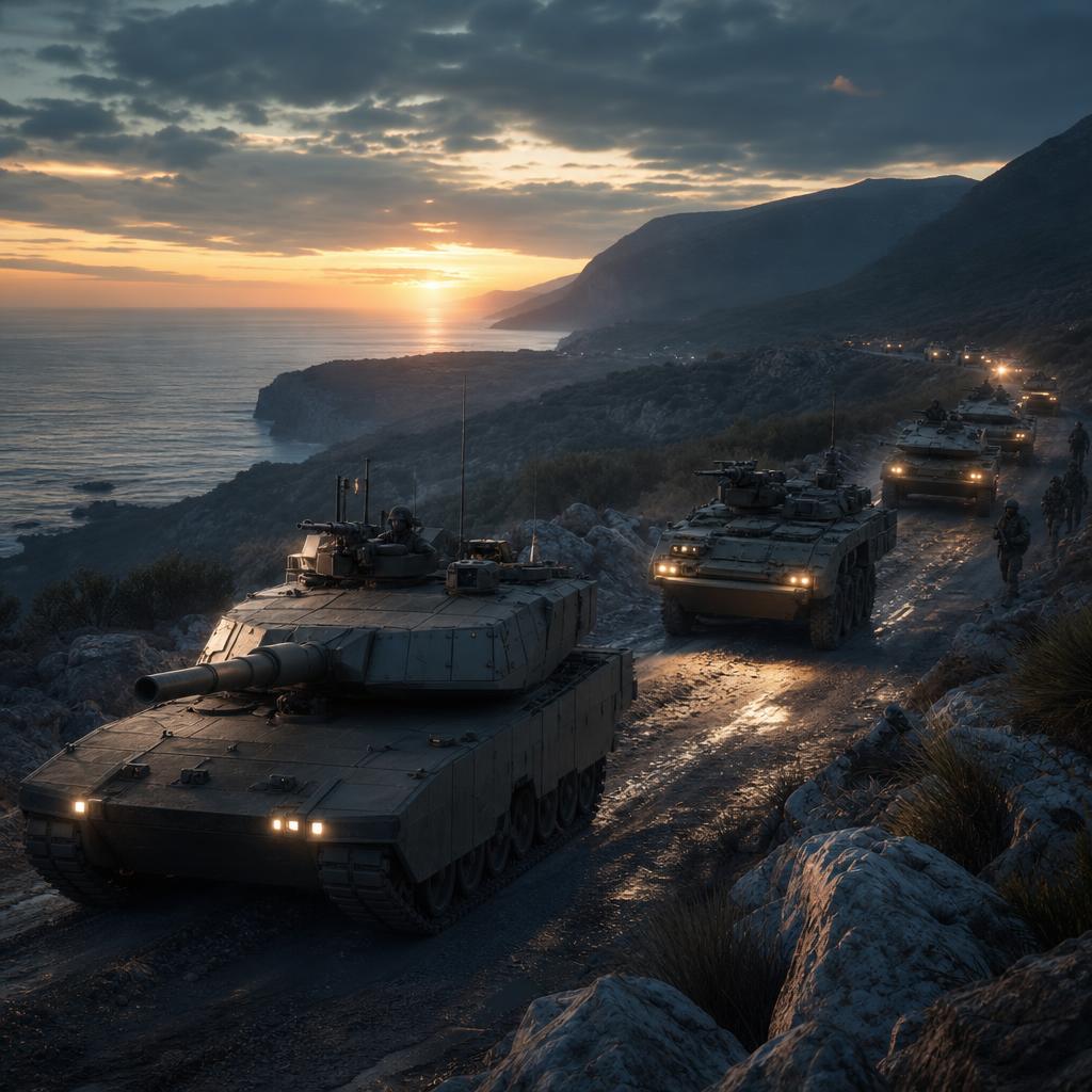 Column of tanks and armoured vehicles advancing along a coastal mountain road at dusk