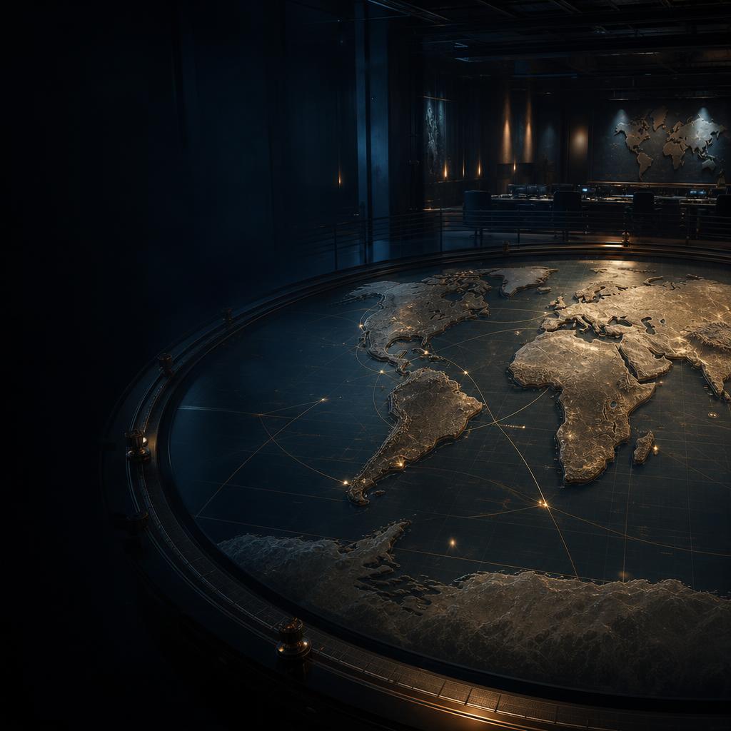 Dark command room with a raised bronze world map table lit by golden route lines