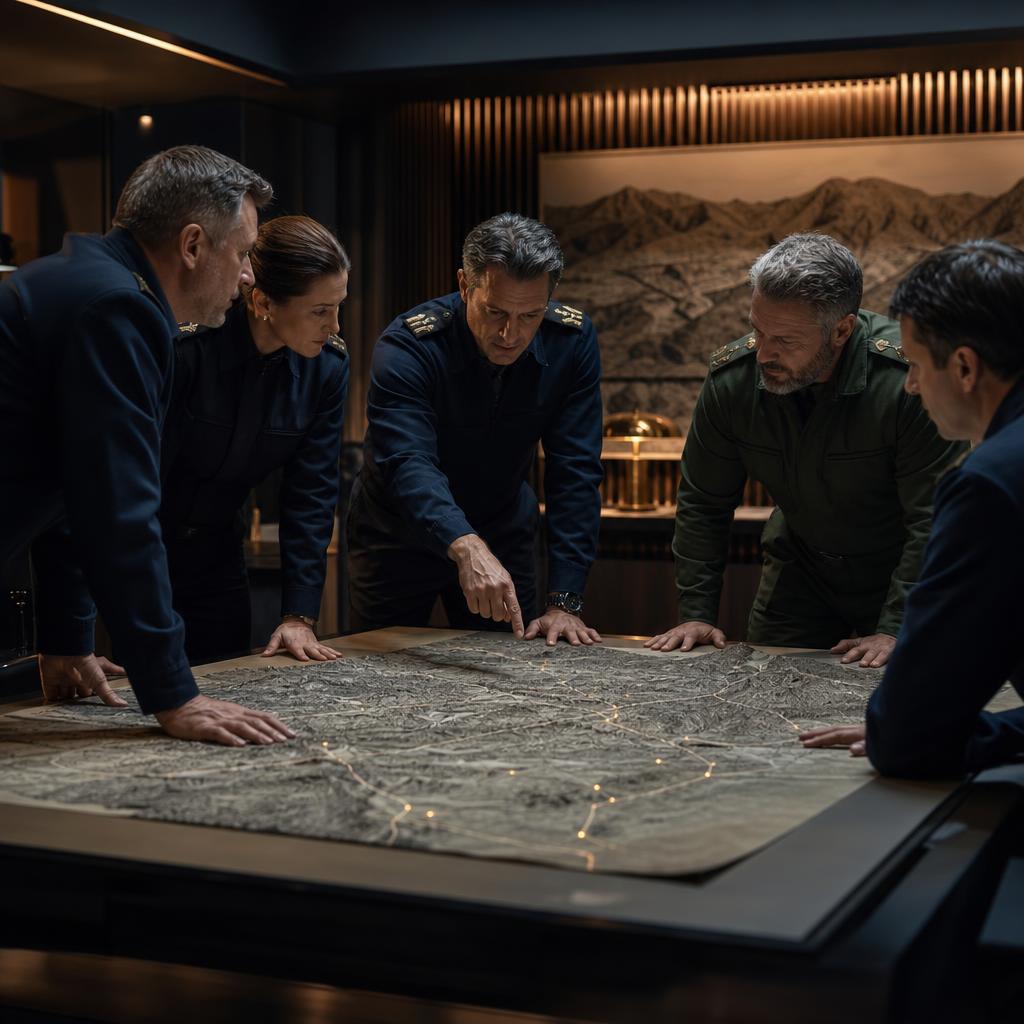 Officers leaning over an illuminated terrain map in a wood-panelled strategy room